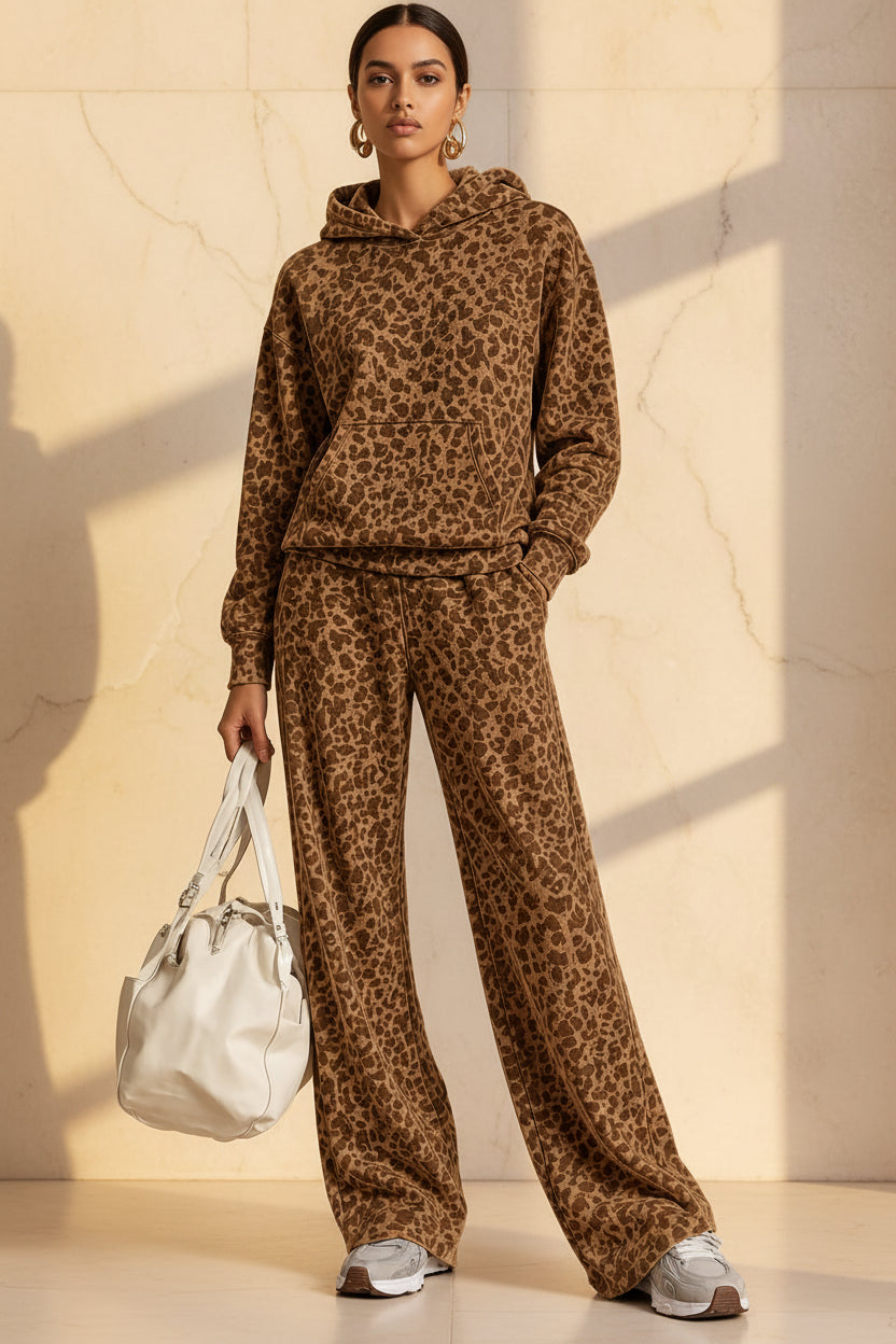 Women's Washed Leopard Print Oversized Hoodie & Wide-Leg Pants Set