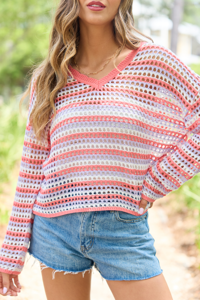Chasing Rainbows Coral Striped Crochet Sweater