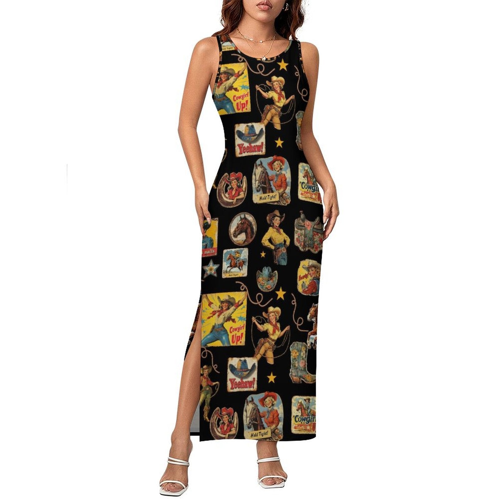 Baha Ranch Vintage Cowgirl Collage Sleeveless Bodycon Side Slit Long Dress White / 3XL