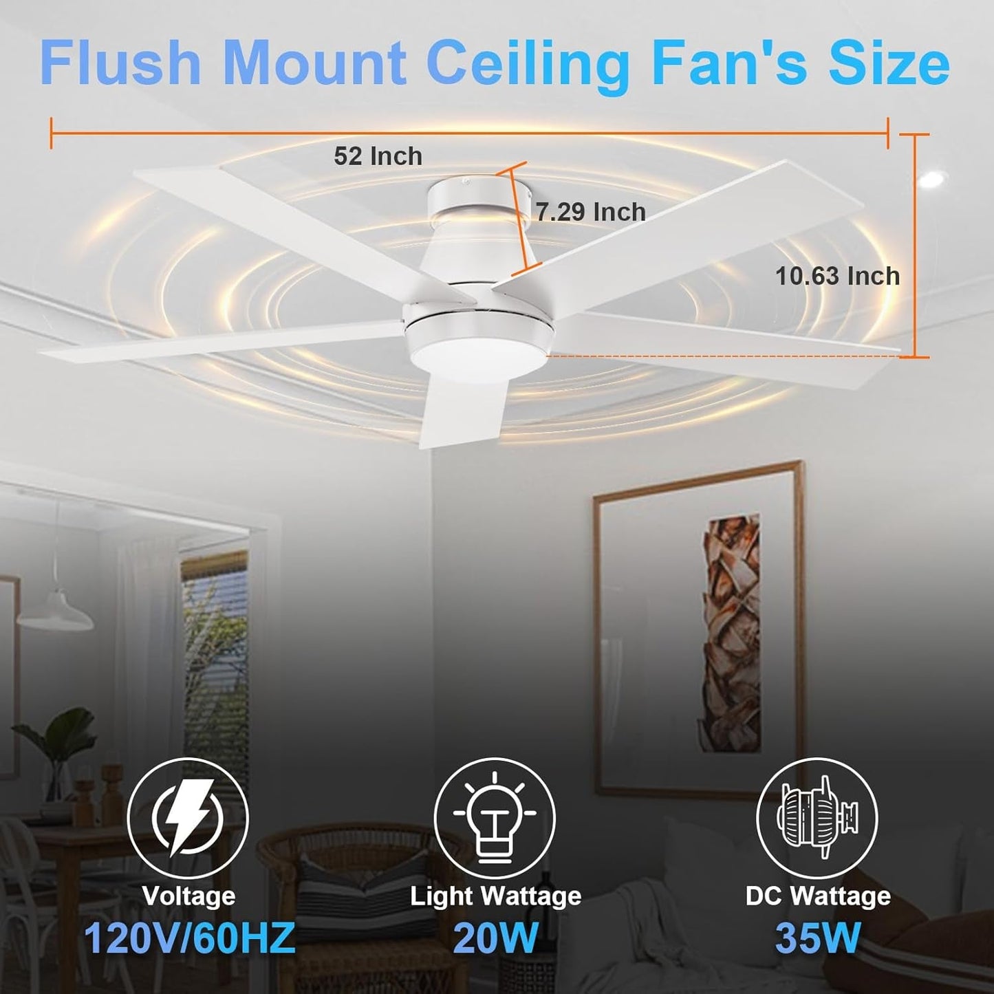 52" Ceiling Fan with Lights, White Flush Mount Ceiling Fans, 5 Blades Low Profile Ceiling Fans, 6 Speeds DC Reversible, Dimmable, Modern Ceiling Fans for Bedroom, Living Room and Garage (White)