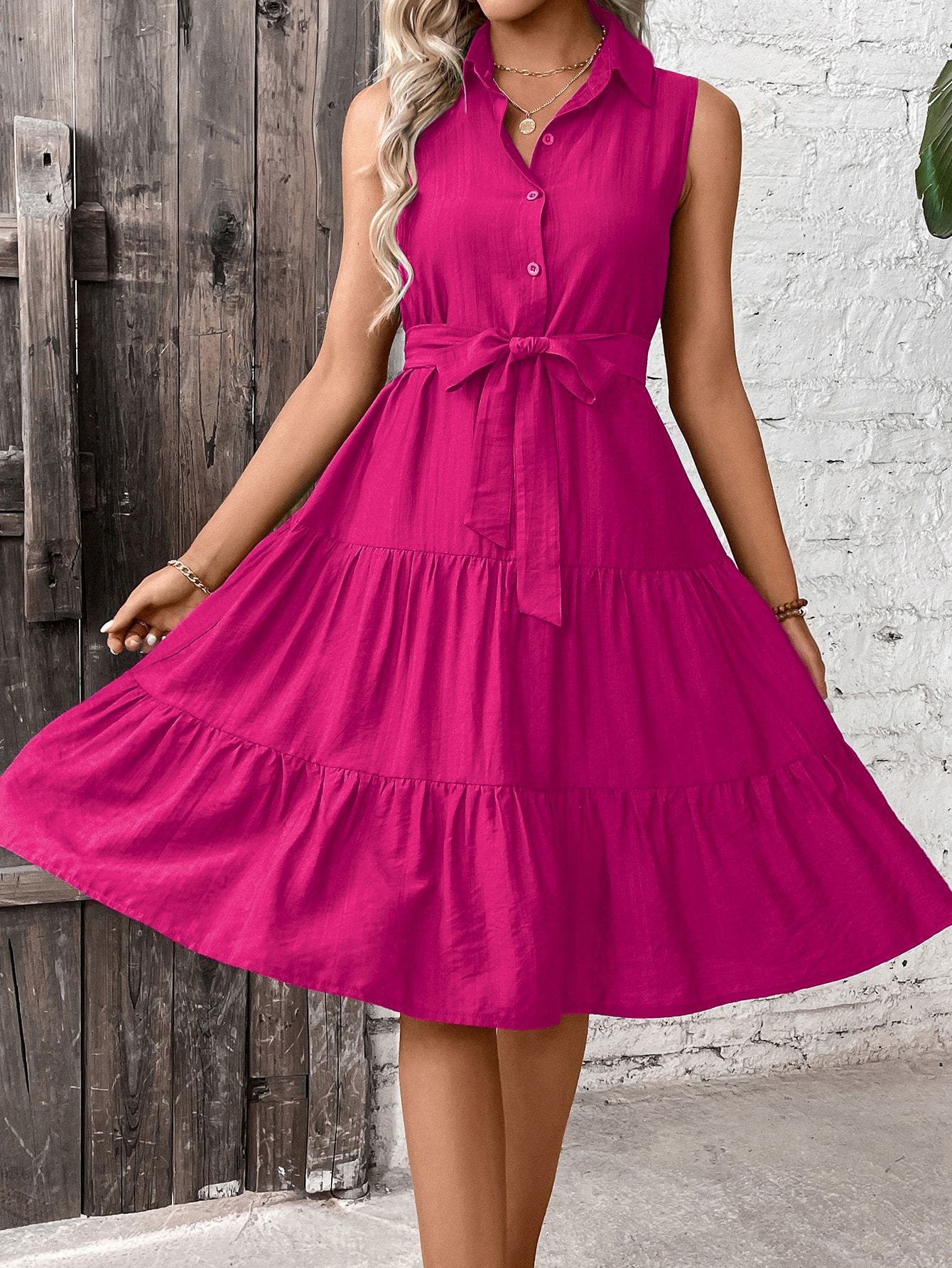 π΄ Women's Ruffle Hem Belted Shirt Maxi Dress