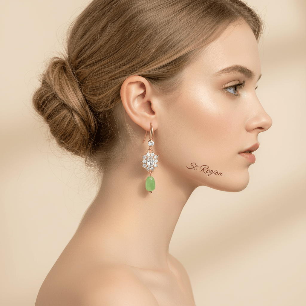 Crystal & Green Resin Cubic Zirconia Goldtone Oval Flower Drop Earrings