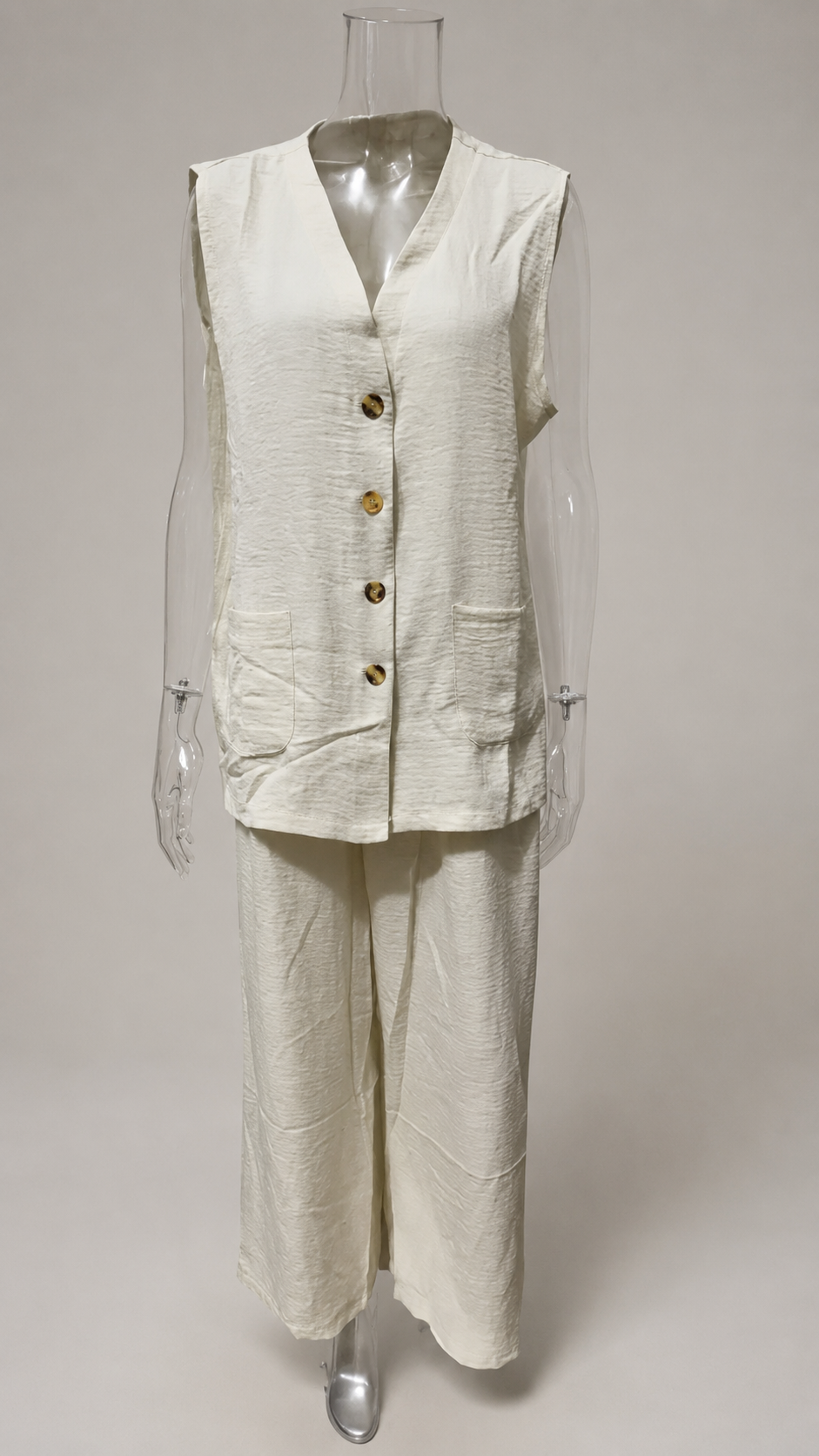 Women's Solid Linen Sleeveless Vest & Wide-Leg Pants Set