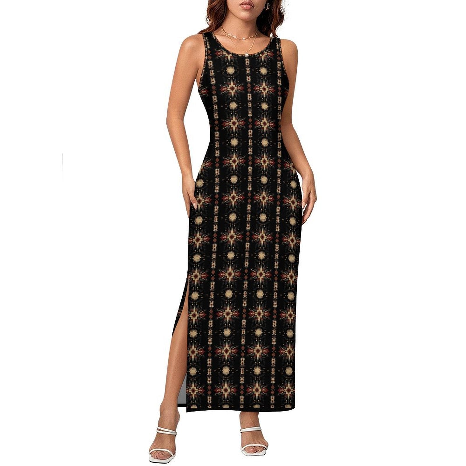 Baha Ranch Black and Tan Aztec Sleeveless Bodycon Side Slit Maxi Dress – Zulily