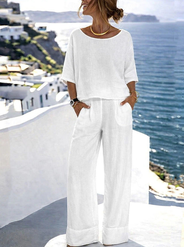 Women's Cotton Linen Resort Set – Short Sleeve Top & Wide-Leg Pants