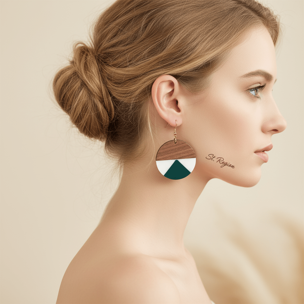 Emerald Green Resin & Wood Goldtone Patchwork Circular Hook Earrings