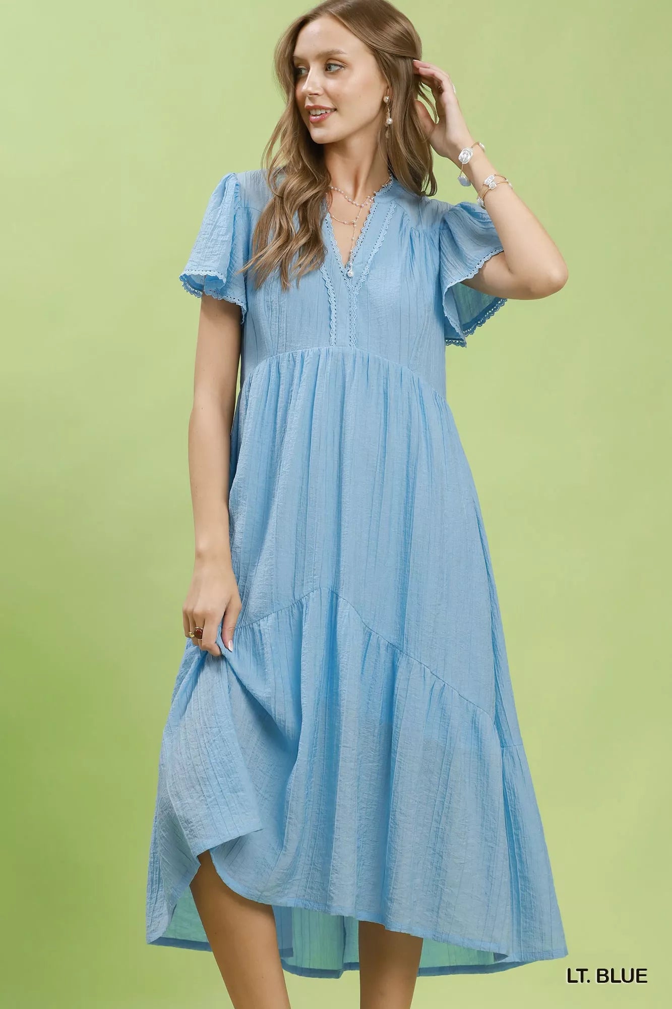 Umgee Textured Tiered Midi Dress with Side Pockets LT. BLUE / L