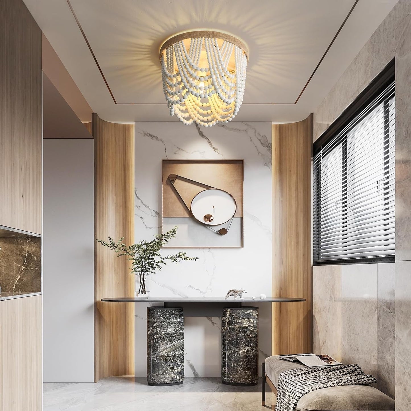 Bohemian Lighting Bohemian Chandelier Handmade Beaded Chandelier Bohemian Lighting Ceiling Beaded Lighting 3 Light Wood Bead Chandelier Nursery Lighting Bedroom Chandelier (White)