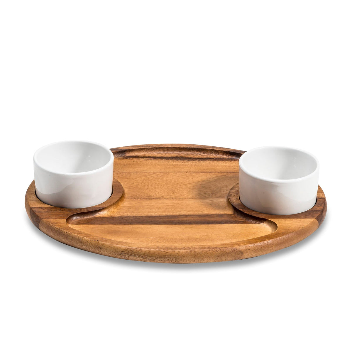 Kalmar Home Acacia Wood Charcuterie / Serving Tray with 2 Ceramic Bowls with Lids