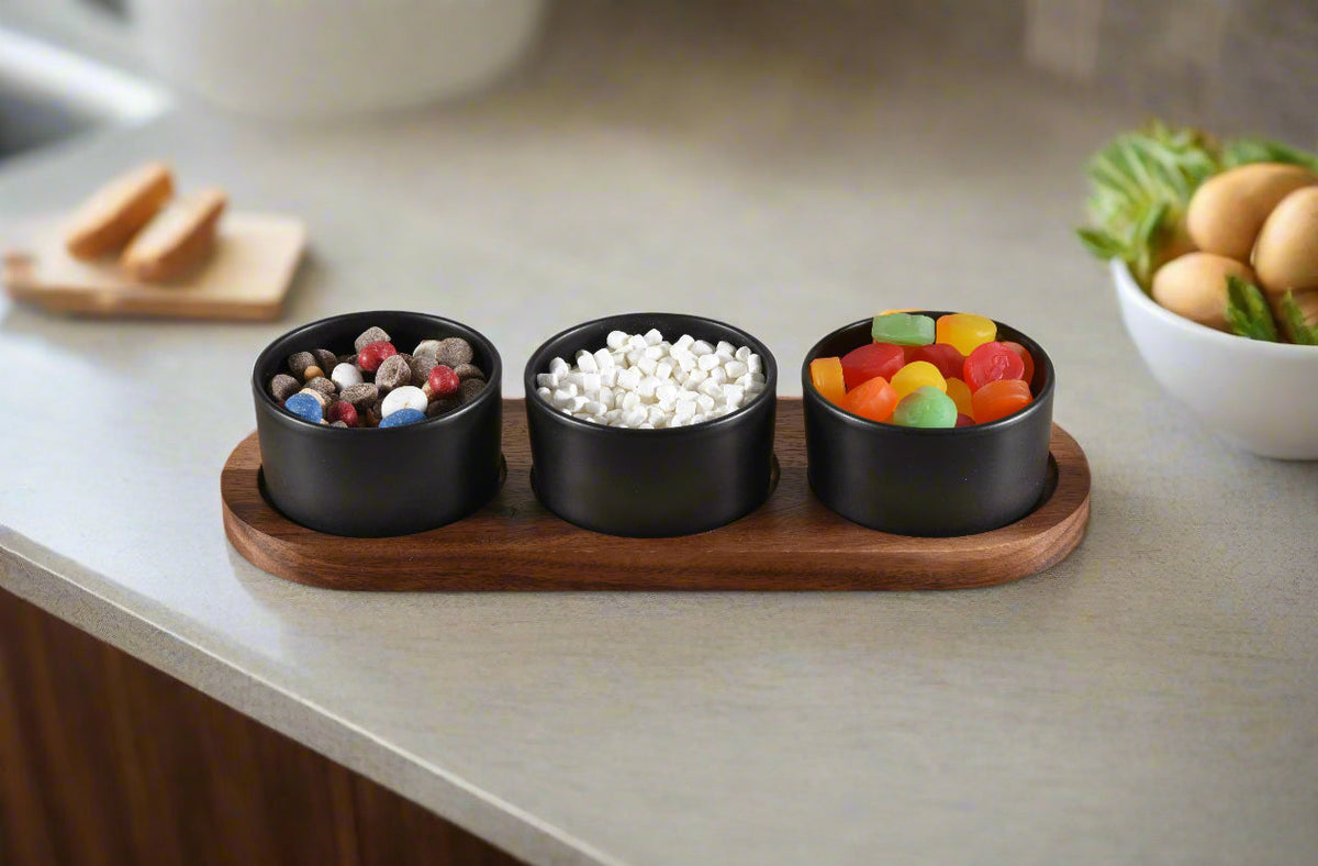 Kalmar Home Ceramic Condiment Set on Acacia Wood Base