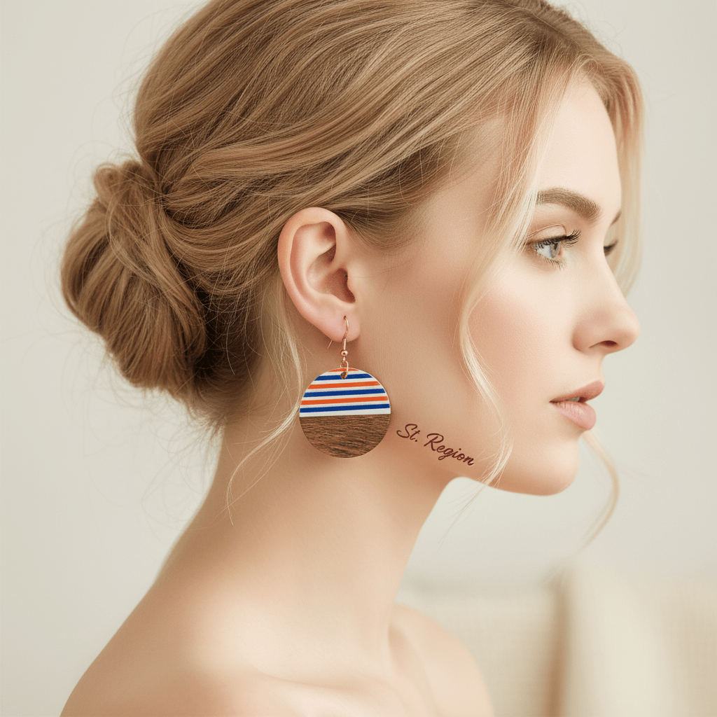Orange & Blue Resin Wood Goldtone Striped Circular Hook Earrings