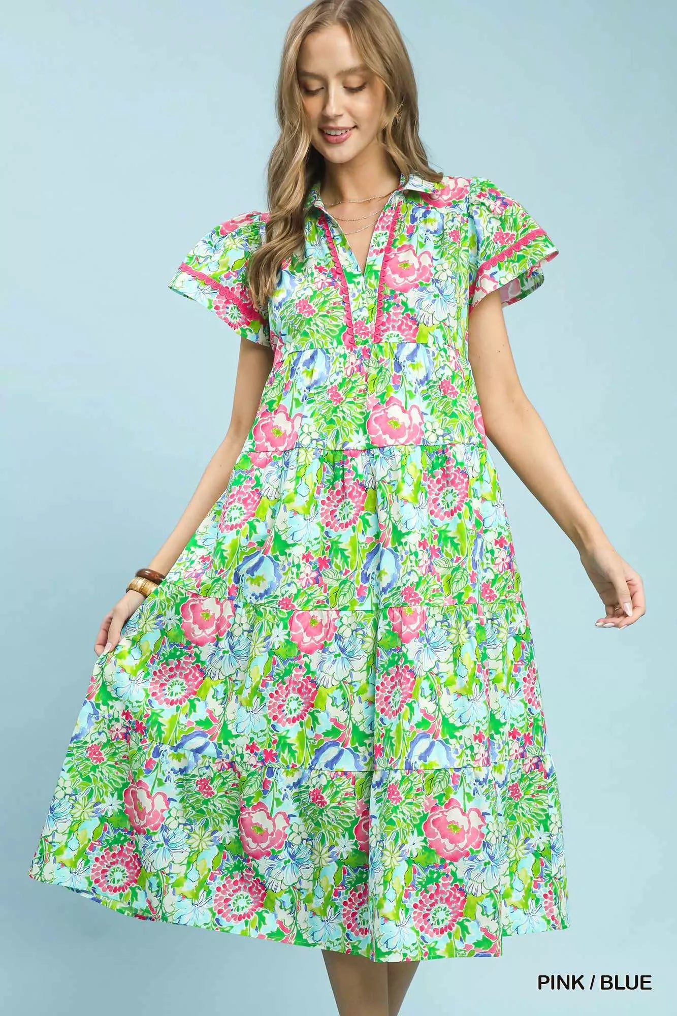 umgee collared tiered midi dress Umgee Women's Collared V-Neck Midi Dress - Blue, Size Medium