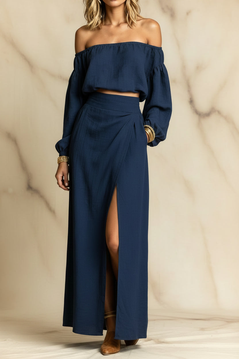 Women's Off-Shoulder Puff-Sleeve Crop Top & Wrap-Front High-Slit Maxi Skirt Set