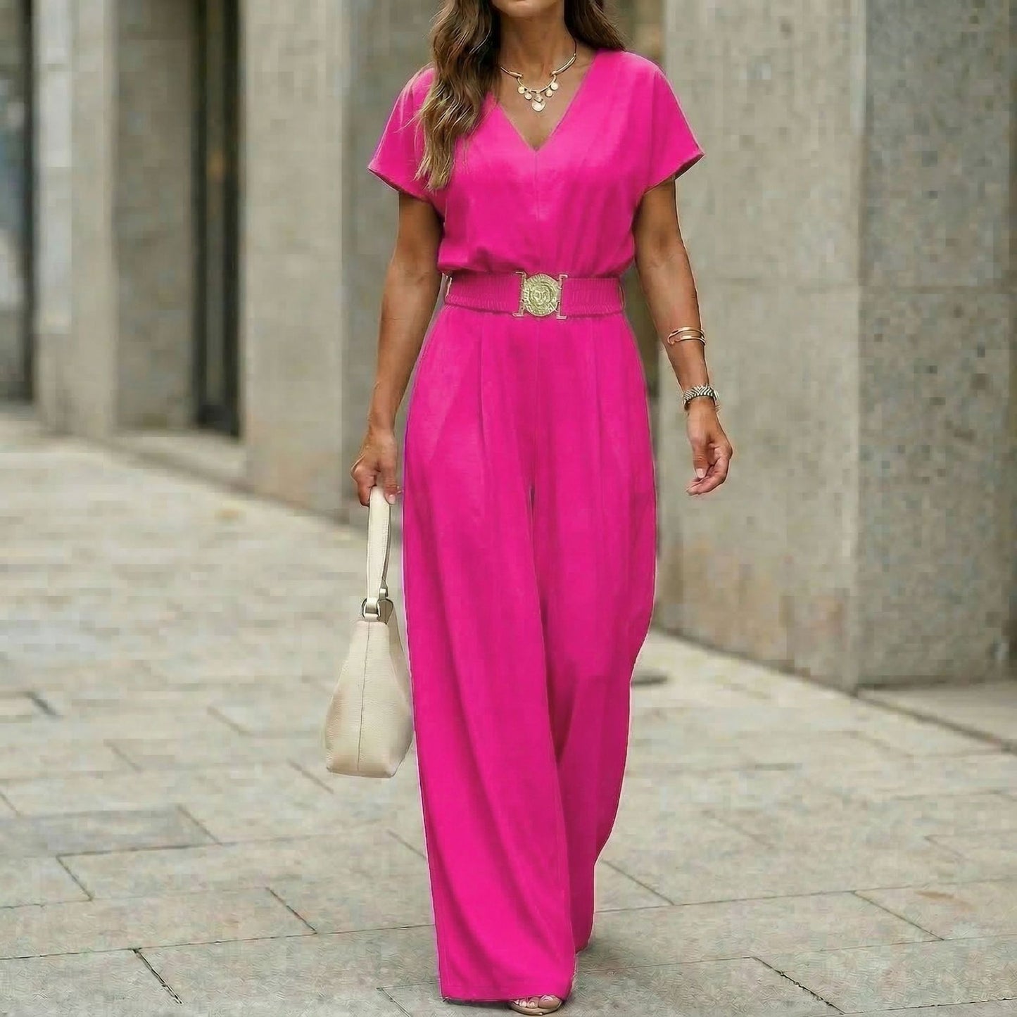 Women's V-Neck Belted Wide-Leg Jumpsuit | Elegant Commuter