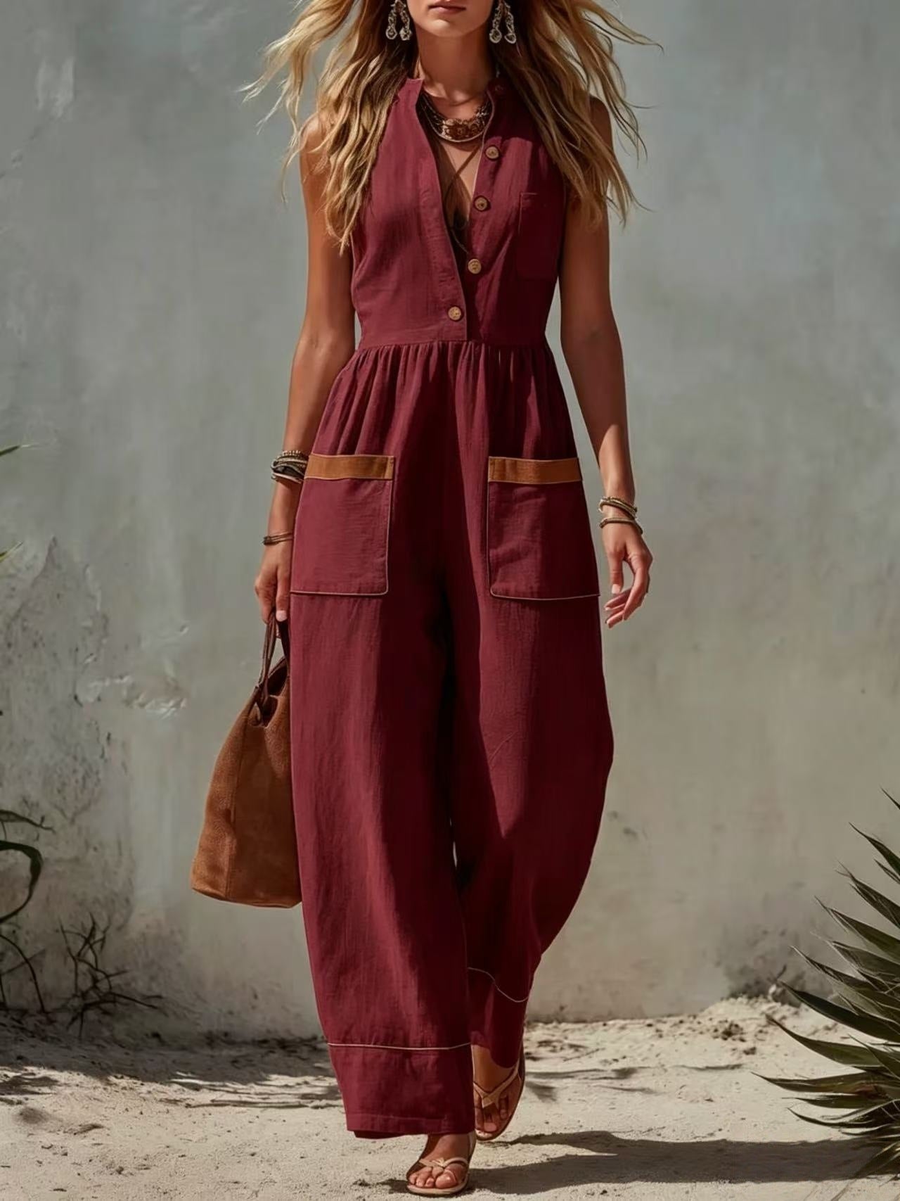 Women's Sleeveless Wide-Leg Jumpsuit – Loose Fit, V-Neck, Cotton Linen
