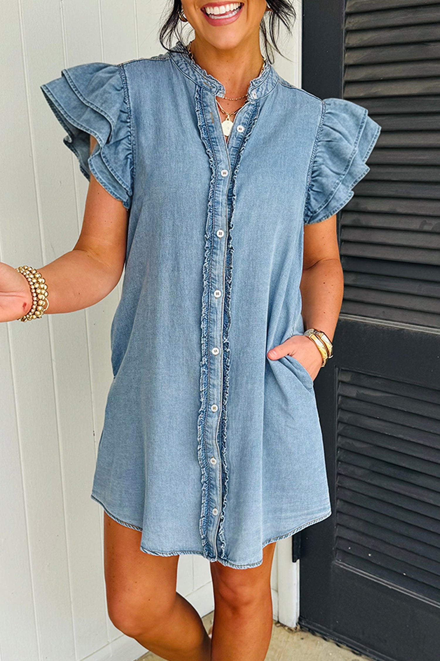 mini denim ruffle dress Denim Layered Ruffled Strapless Short Dress