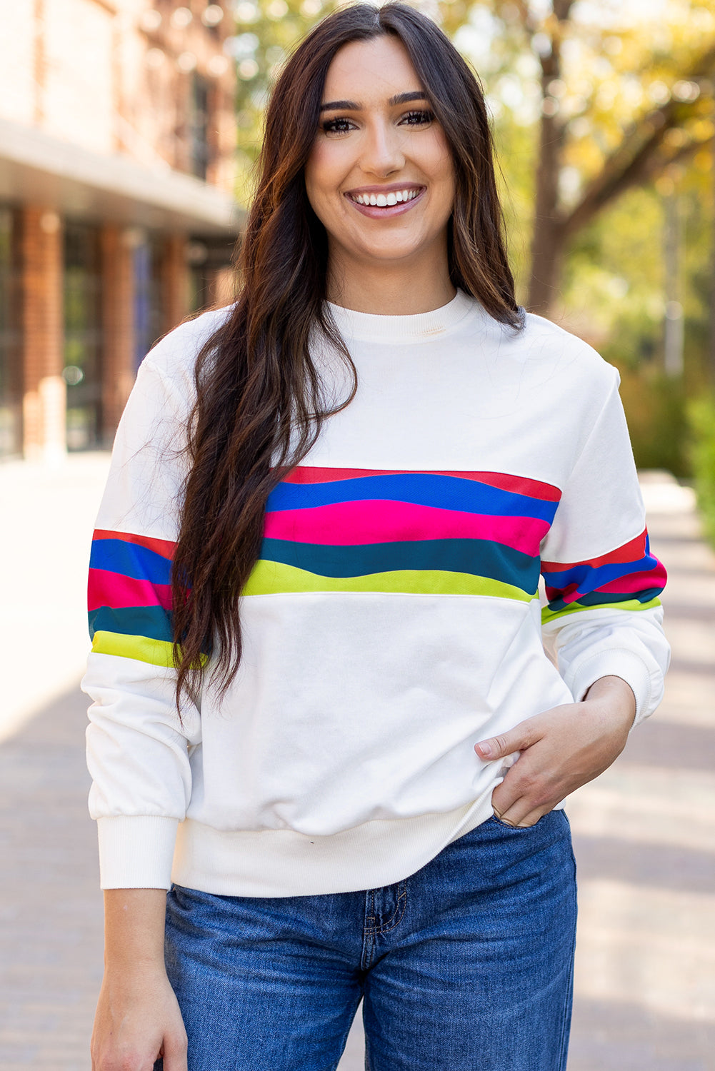Alora Striped Accent Long Sleeve Top - Threaded Pear