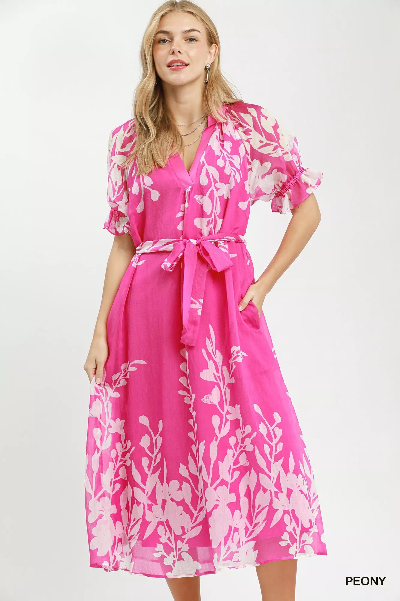 flattering midi dress Umgee Floral Print Tie Waist Midi Dress with Side Pockets – Zulily
