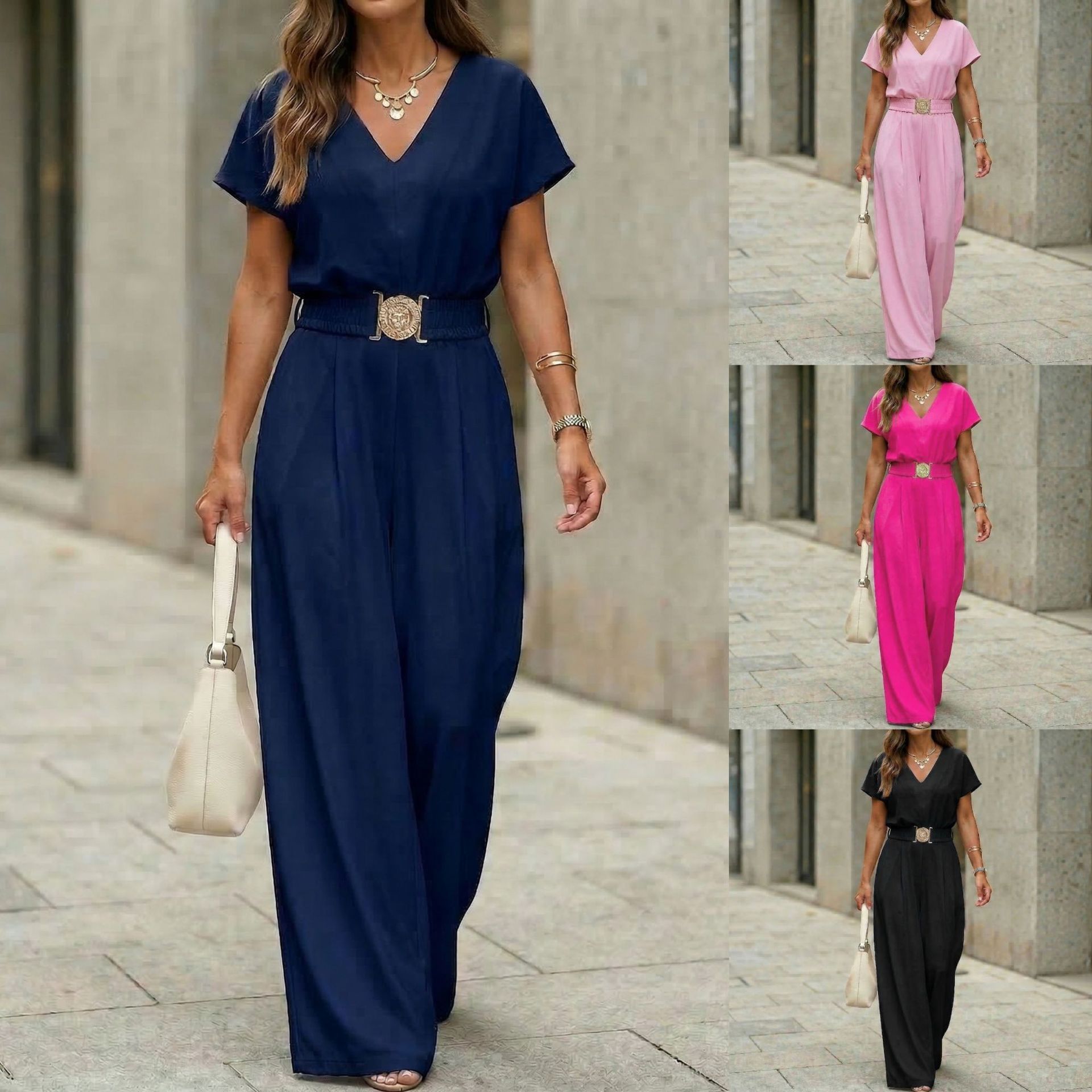 Women's V-Neck Belted Wide-Leg Jumpsuit – Zulily