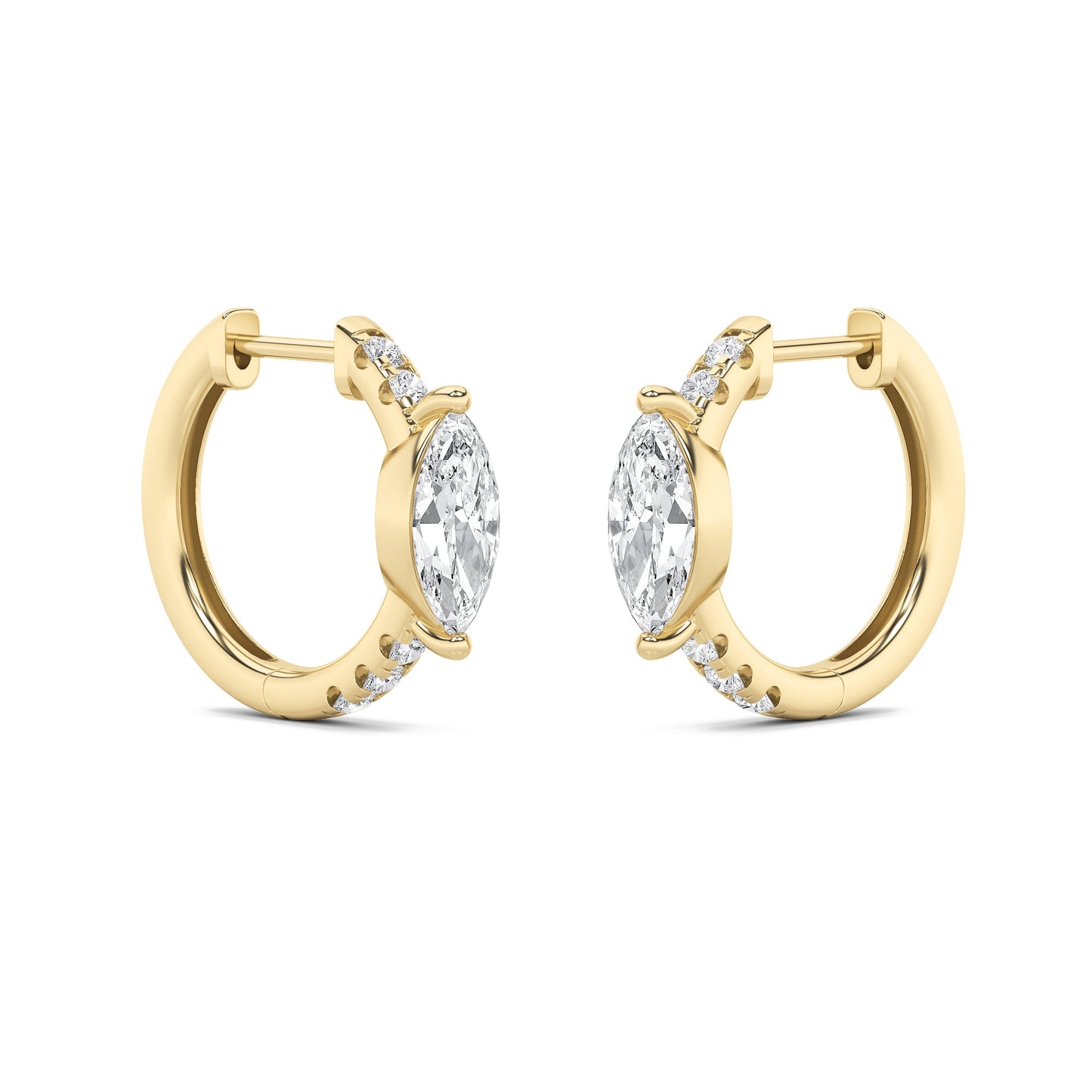 1.5Cttw Marquise Shaped Lab Grown Diamond (F/VS) Solitare Accent Huggie Earrings in 14K Yellow Gold