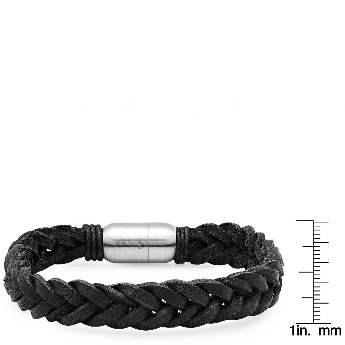 Braided Black Leather Bracelet with Stainless Steel Clasp