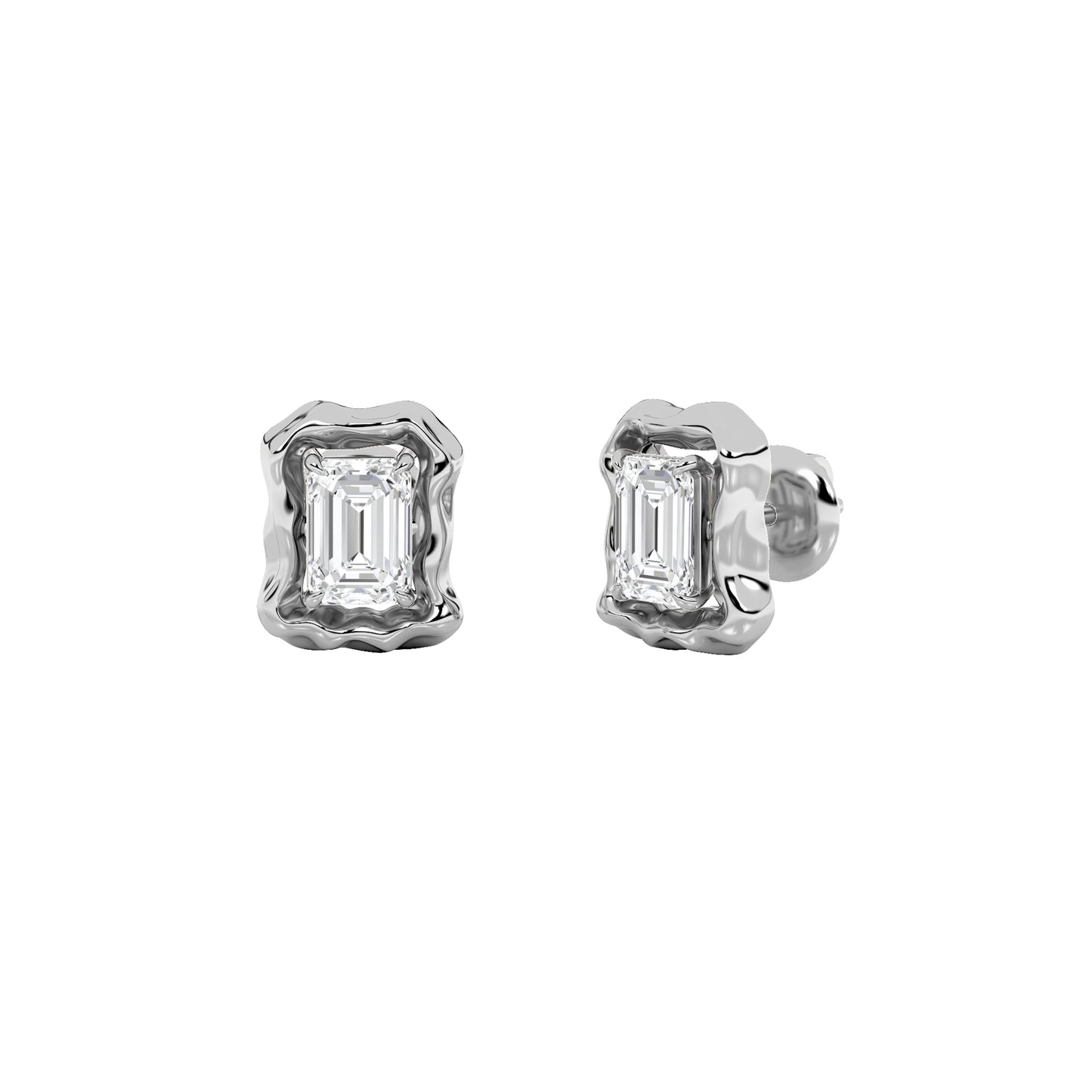 1.5Cttw Emerald Shaped Lab Grown Diamond (F/VS) Organic Design Stud Earrings in 14K Gold
