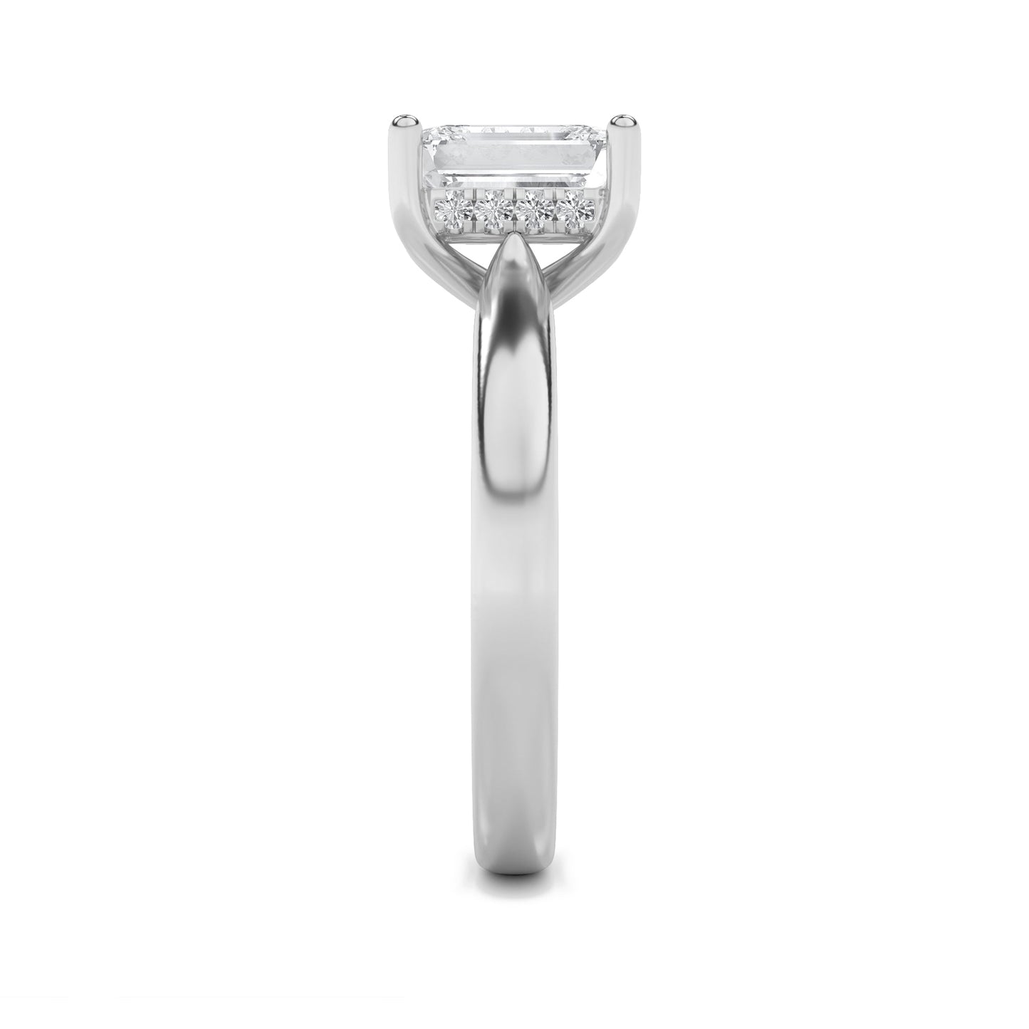 2Cttw Emerald Shaped Lab Grown Diamond (F/VS) Hidden Halo Cathedral Shank Engagement Ring in 14K Gold
