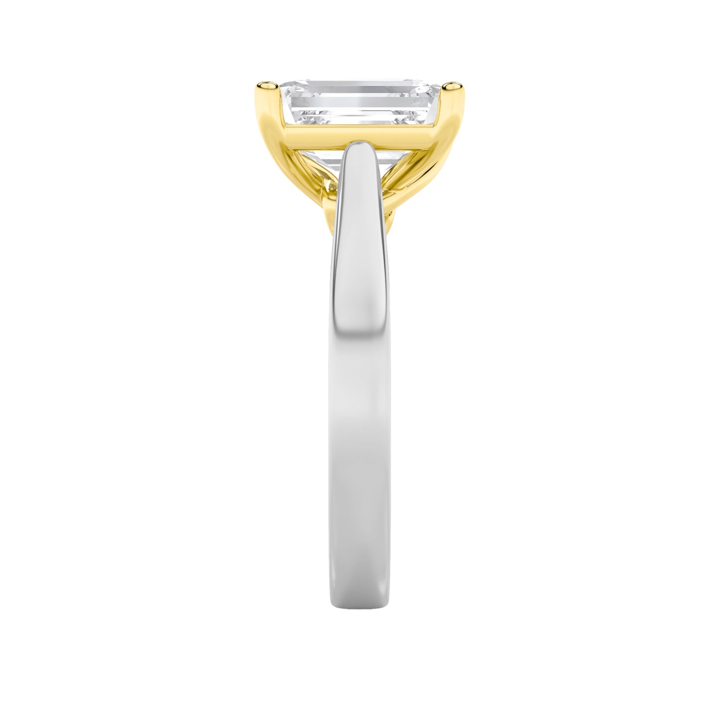 3Cttw Emerald Shaped Lab Grown Diamond (F/VS) Two-Tone Twisted Basket Cathedral Shank Solitaire Ringin 14K Gold