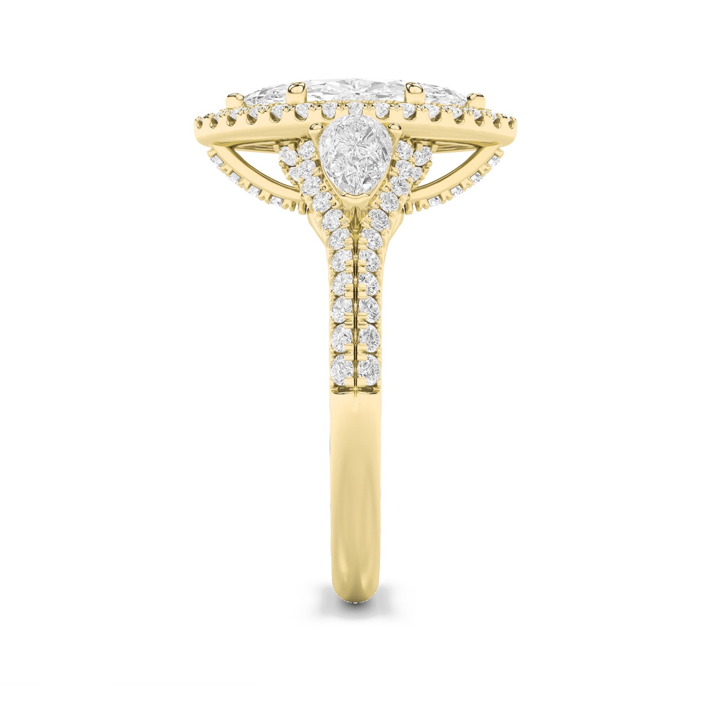 3Cttw Marquise Shaped Lab Grown Diamond (G/VS) Three Stone Bold Accented Engagement Ring in 14K Gold