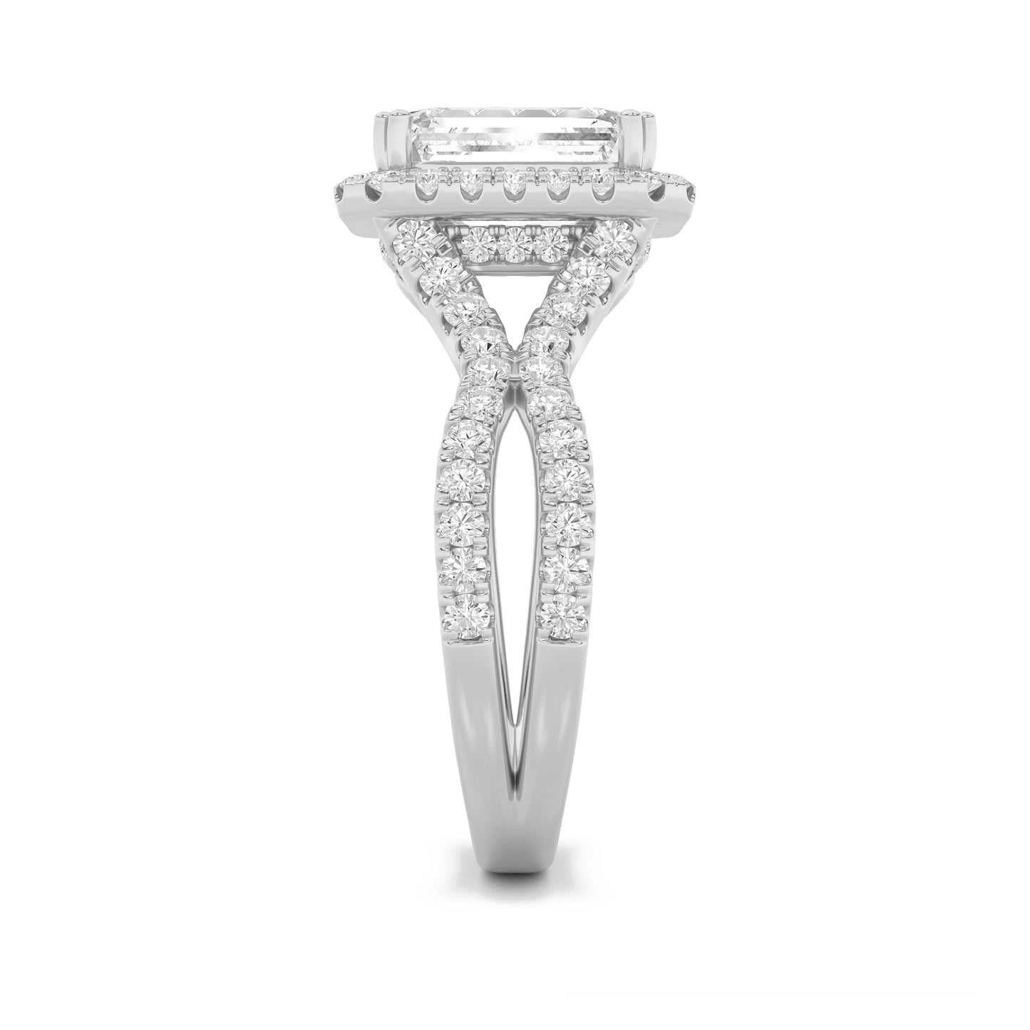 4Cttw Emerald Shaped Lab Grown Diamond (F/VS) Split Shank Halo Engagement Ring in 14K Gold
