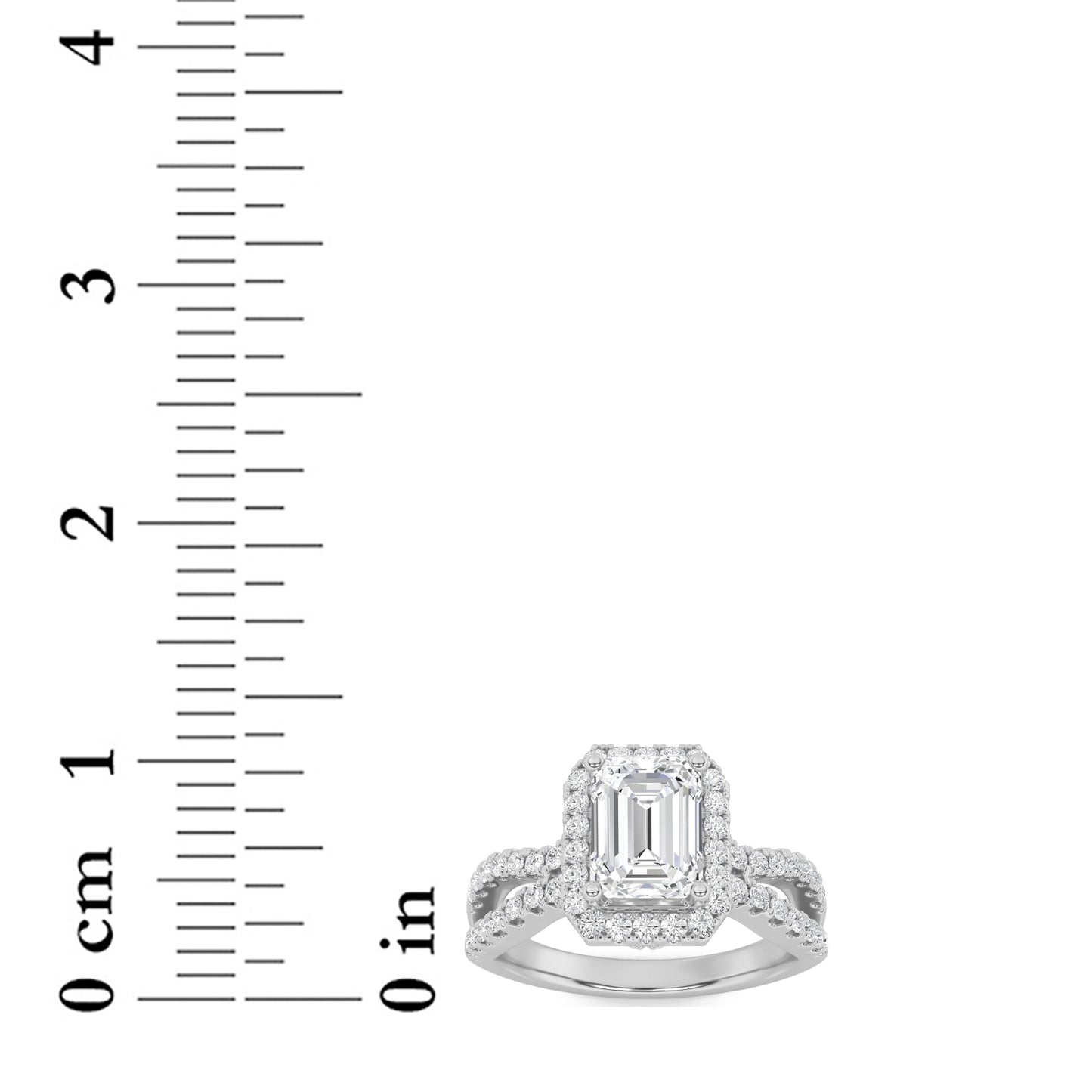 2Cttw Emerald Shaped Lab Grown Diamond (G/VS) Split Shank Halo Accented Engagement Ring in 14K Gold