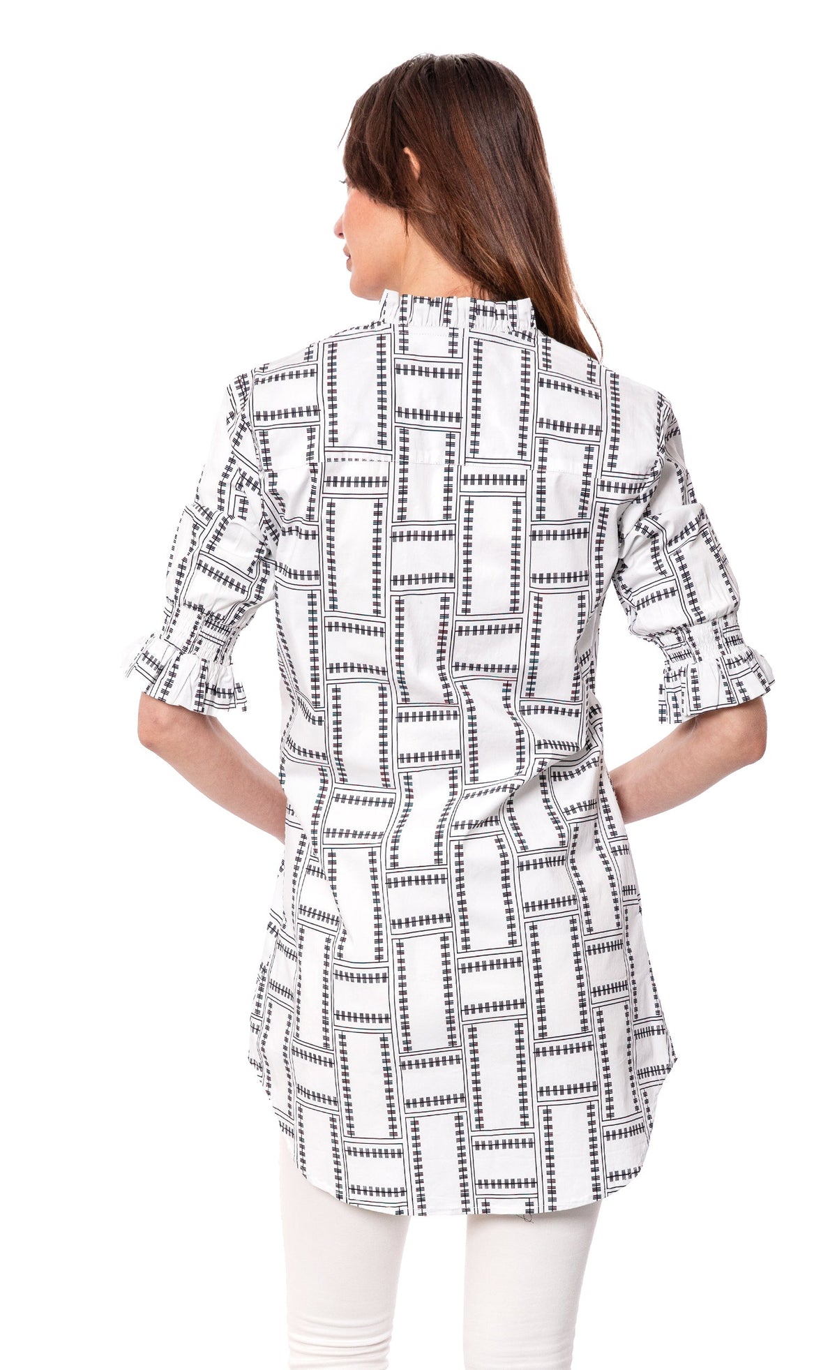 Big Shirt Tunic with Ruffle Sleeves White Geo