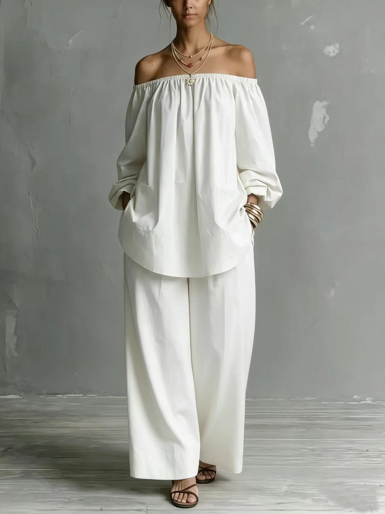Off-Shoulder Cotton-Linen Wide-Leg Pants Set – 6 Colors, S–5XL
