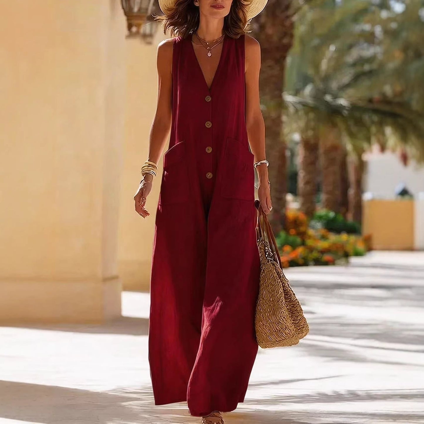 Women's Sleeveless Wide-Leg Jumpsuit with Button Pockets