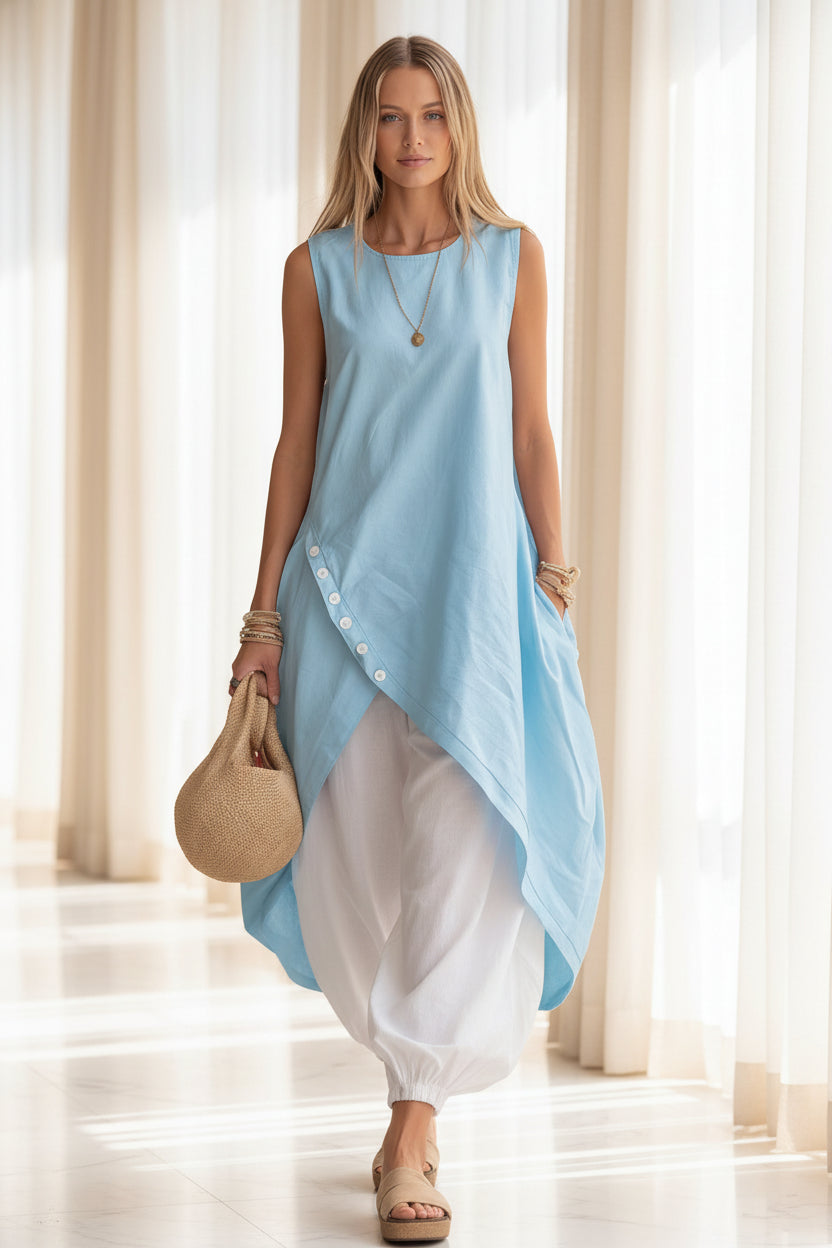 Women's Sleeveless Asymmetric Tunic & Harem Pants Two-Piece Set