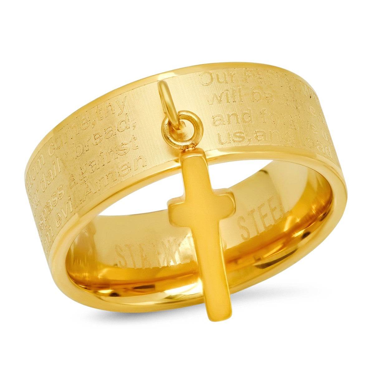 Our Father Prayer Ring Band With Cross Charm