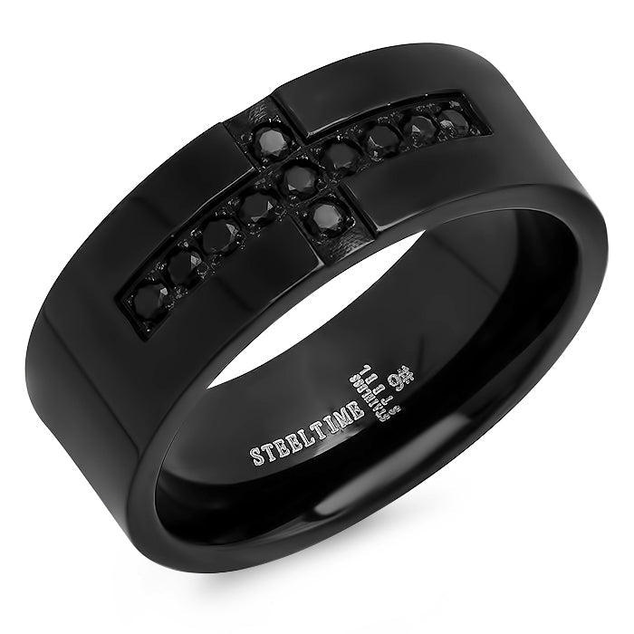 Black IP Band Ring With Simulated Diamond Cross Accent