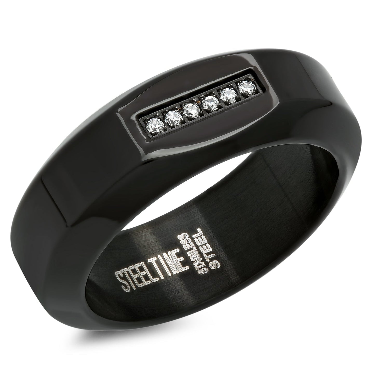 Stainless Steel Band Ring With Simulated Diamonds