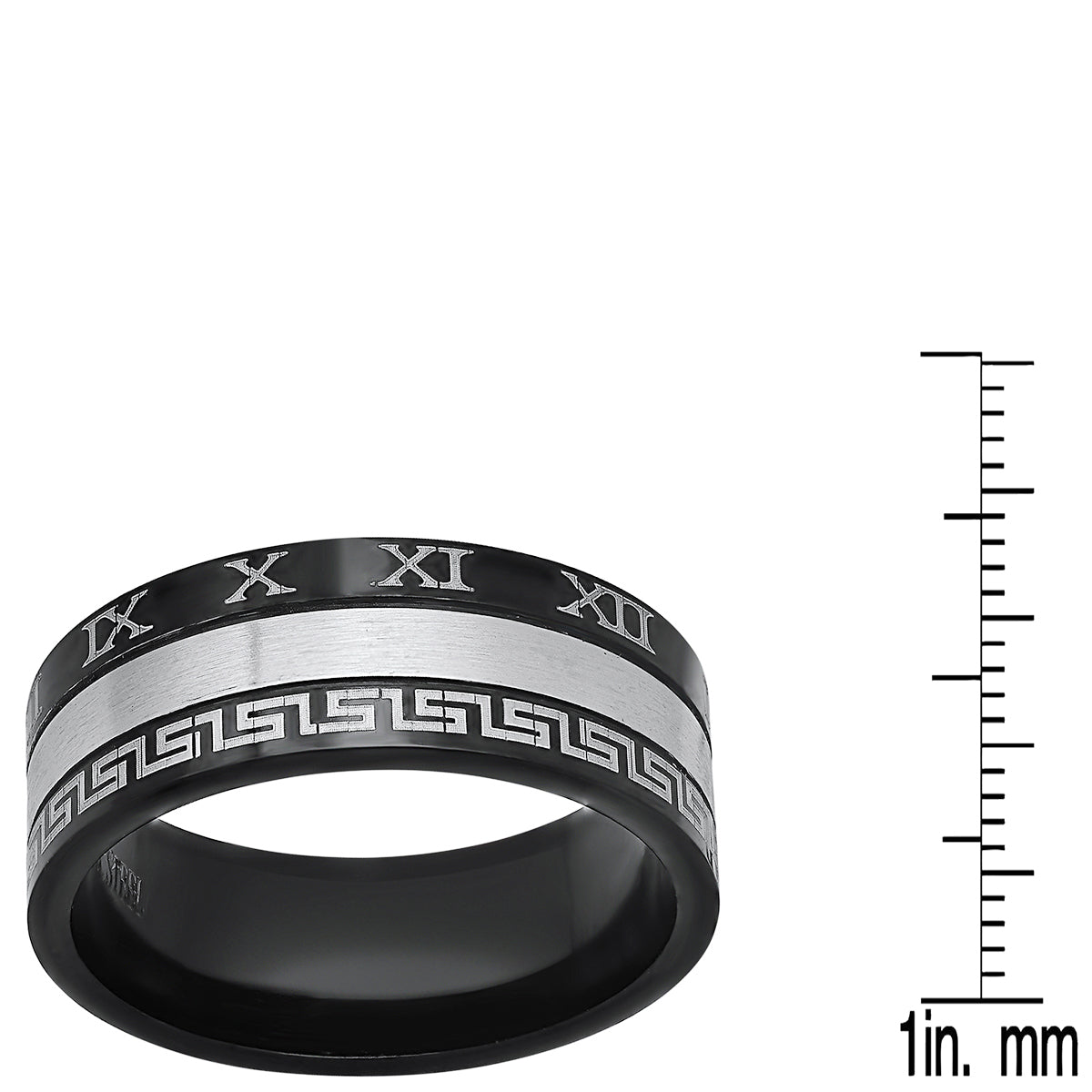 Stainless Steel Band Ring With Greek Key Accents & Roman Numerals