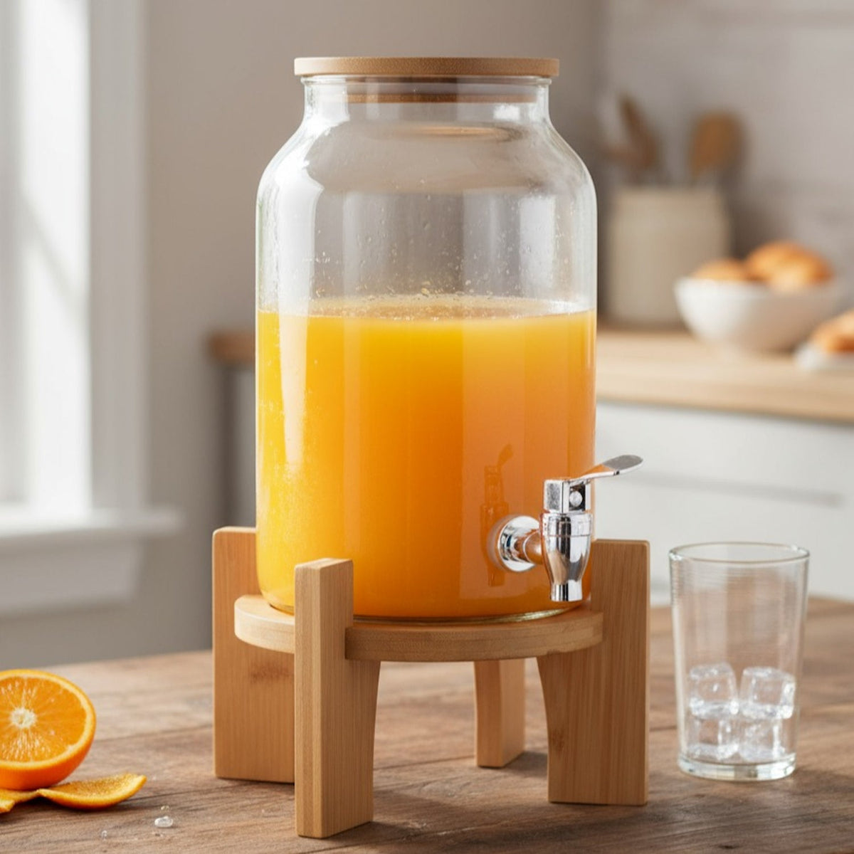Jay Companies Delray Glass Beverage Dispenser With Bamboo Lid & Stand (4L / 1 Gal)
