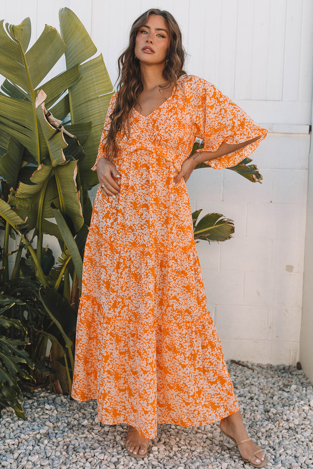Threaded Pear Eileen Floral V Neck Wide Sleeve Maxi Dress