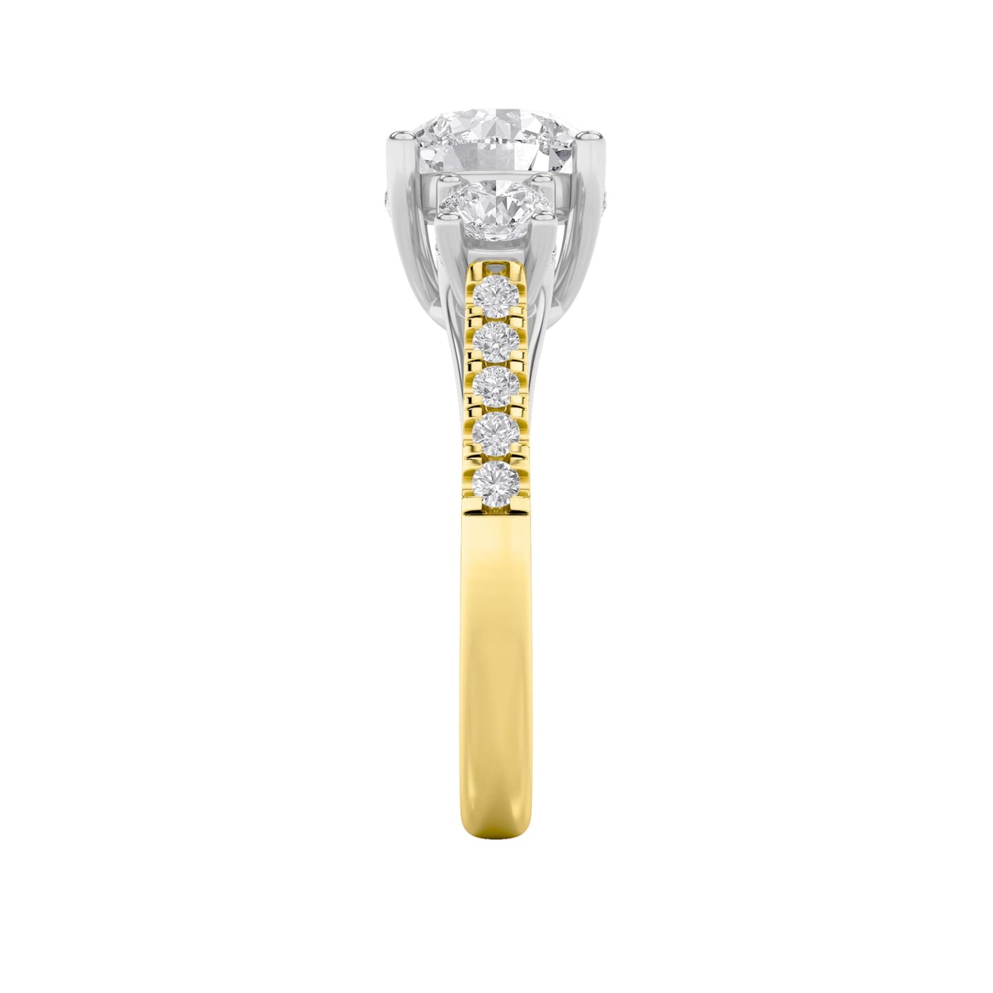 3Cttw Round Shaped Lab Grown Diamond (F/VS) Accented Three Stone Ring in 14K Gold