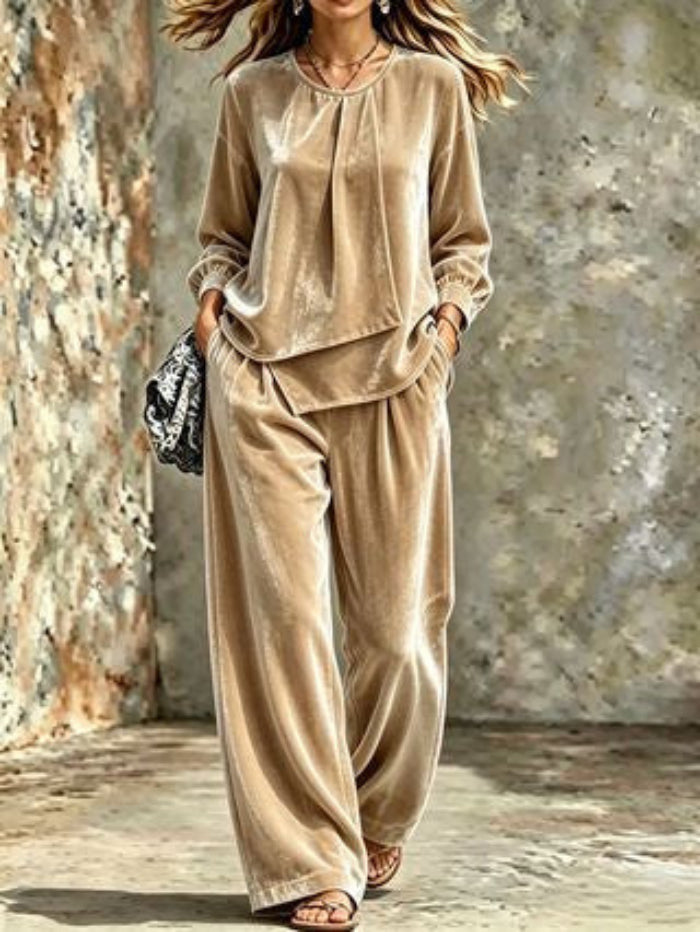 Women's Velvet Center-Pleat Relaxed Top & Wide-Leg Pants Set