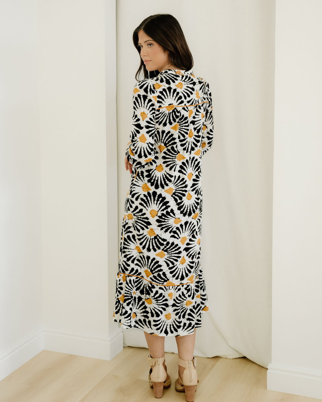 Lucille Abstract Floral Print Split V Neck Long Dress with Sleeves