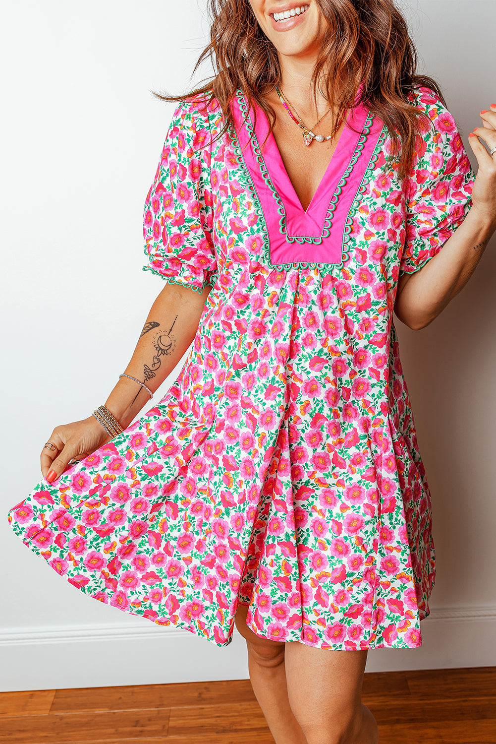 patchwork floral mini dress Patchwork Floral Shimmer Mini Dress