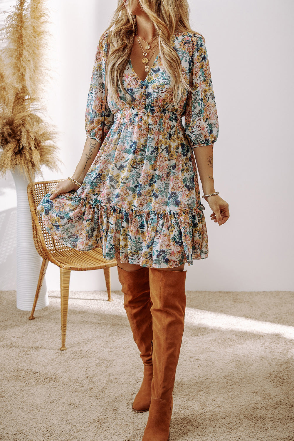 Threaded Pear Amira High Waist Ruffled Dress