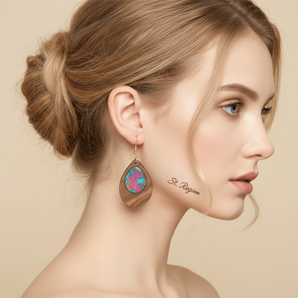 Blue & Rose Resin Wood Goldtone Patchwork Teardrop Hook Earrings