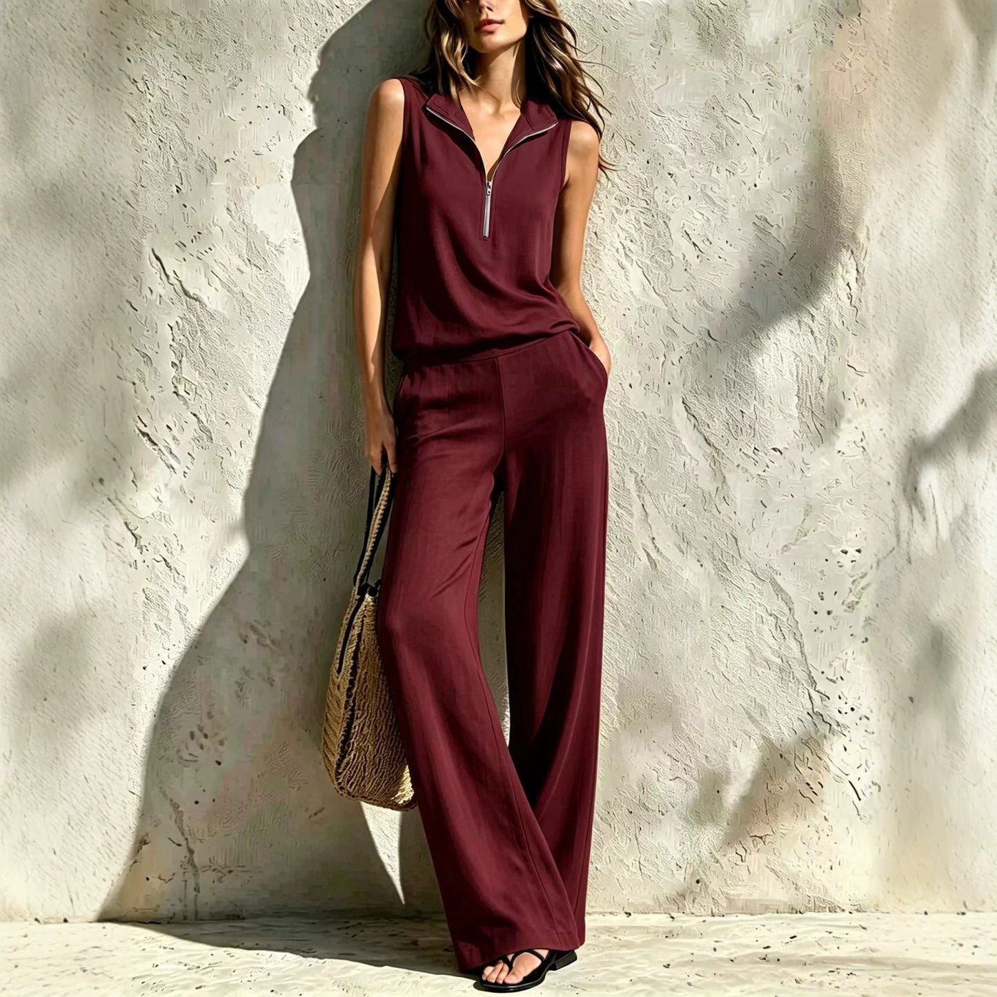 Women's Quarter-Zip Stand Collar Sleeveless Top & Wide-Leg Pants Set