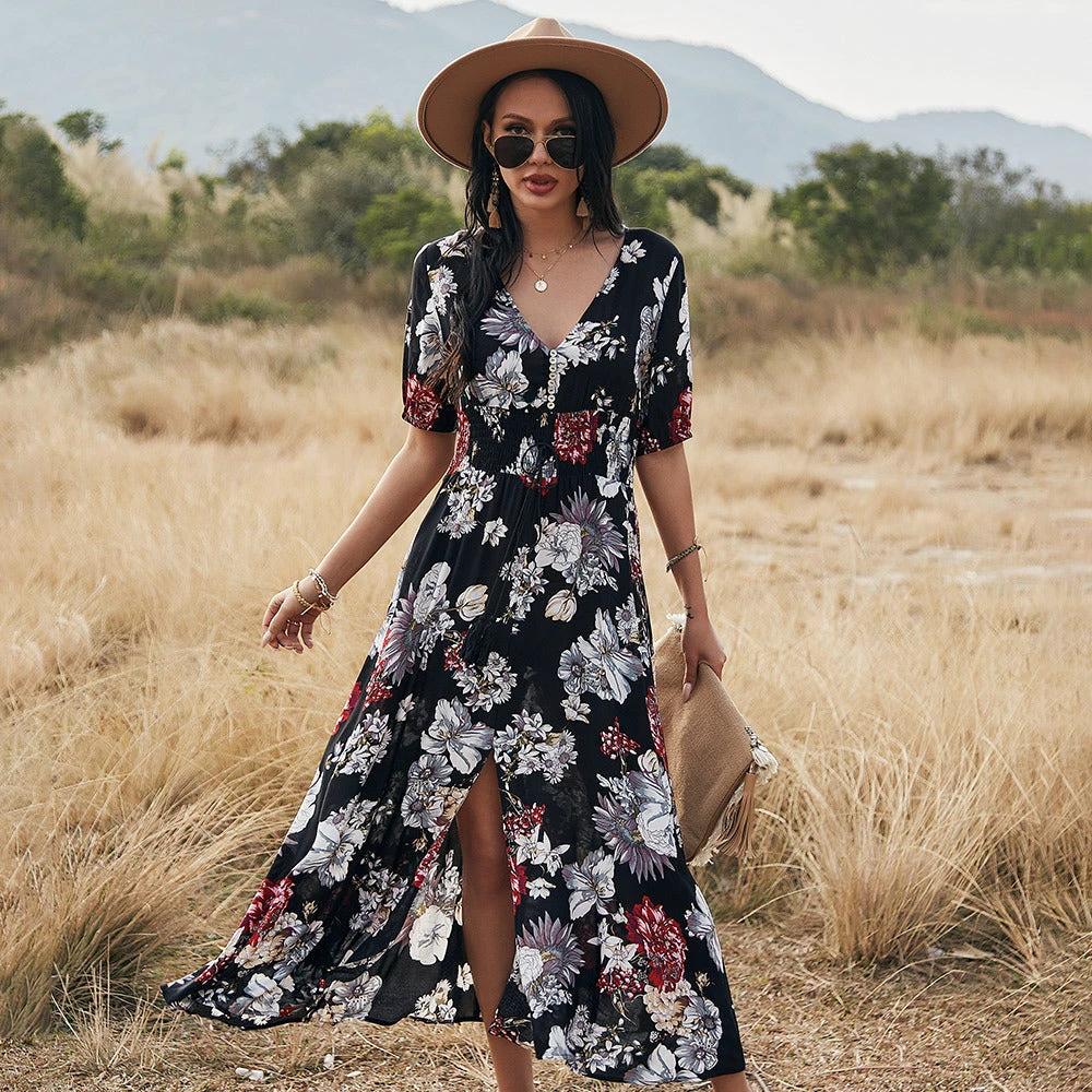 elasticated beach dress JISngxdf Women Dresses for Special Occasions Summer Trendy Print Short Sleeve V-Neck Pleated Long Maxi Dresses Elastic Waist Boho Beach Dress Pockets