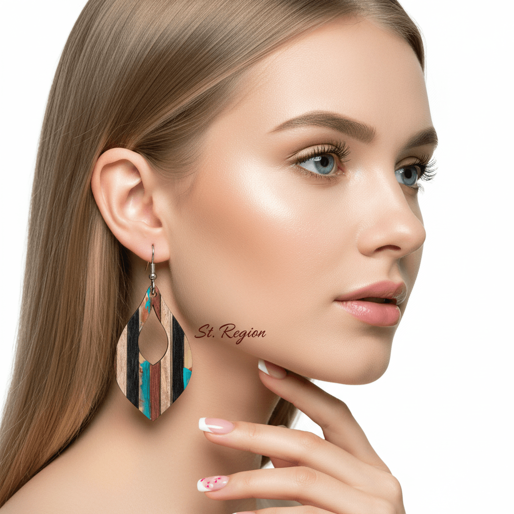 Multi-Colored Resin & Wood Silvertone Striped Almond Hook Earrings